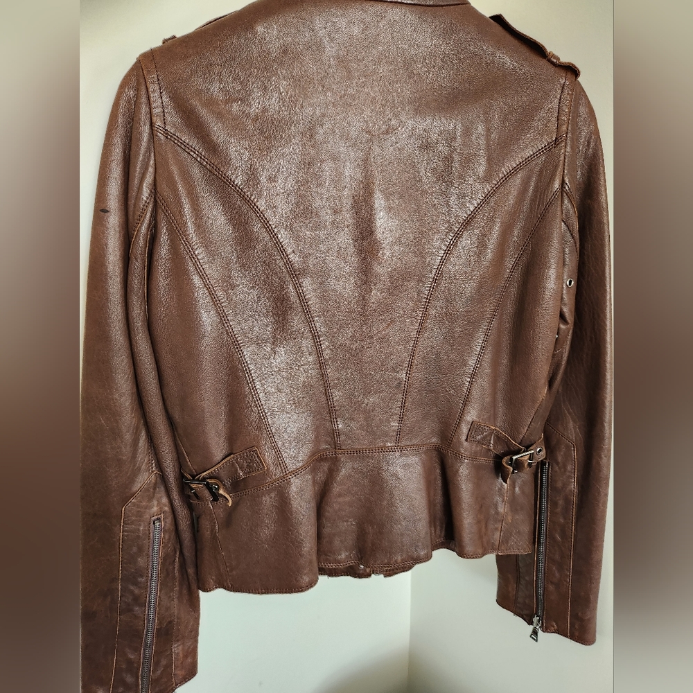 Marc New York Andrew Marc Brown Leather Funnel High Collar Jacket - Picture 8 of 15